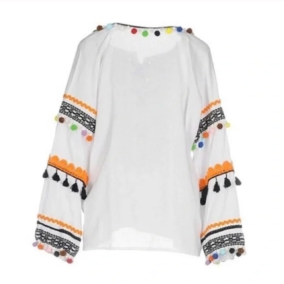 Dodo Bar Or Yehoray Blouse With Colorful Pom Poms Lace Up Cotton Fiesta Top - Picture 4 of 10